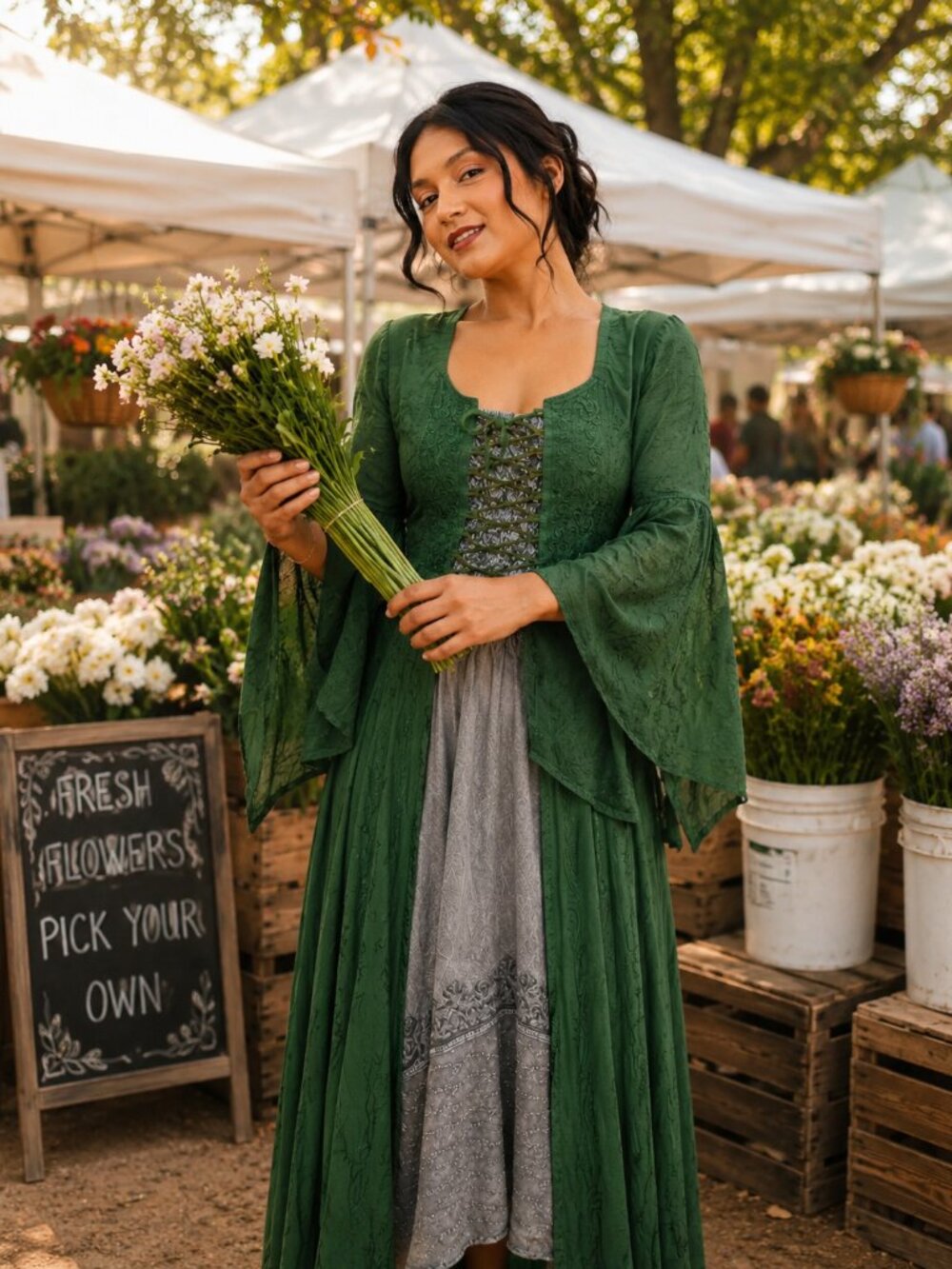 Green Corset Renaissance Festival Cottagecore Bohemian Lace-Up Maxi Dress Coat